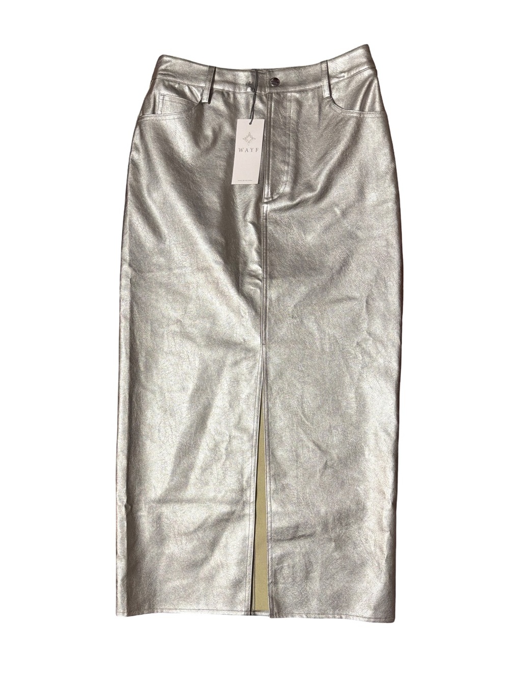 Wayf Silver Metallic Midi Pencil Skirt Slit